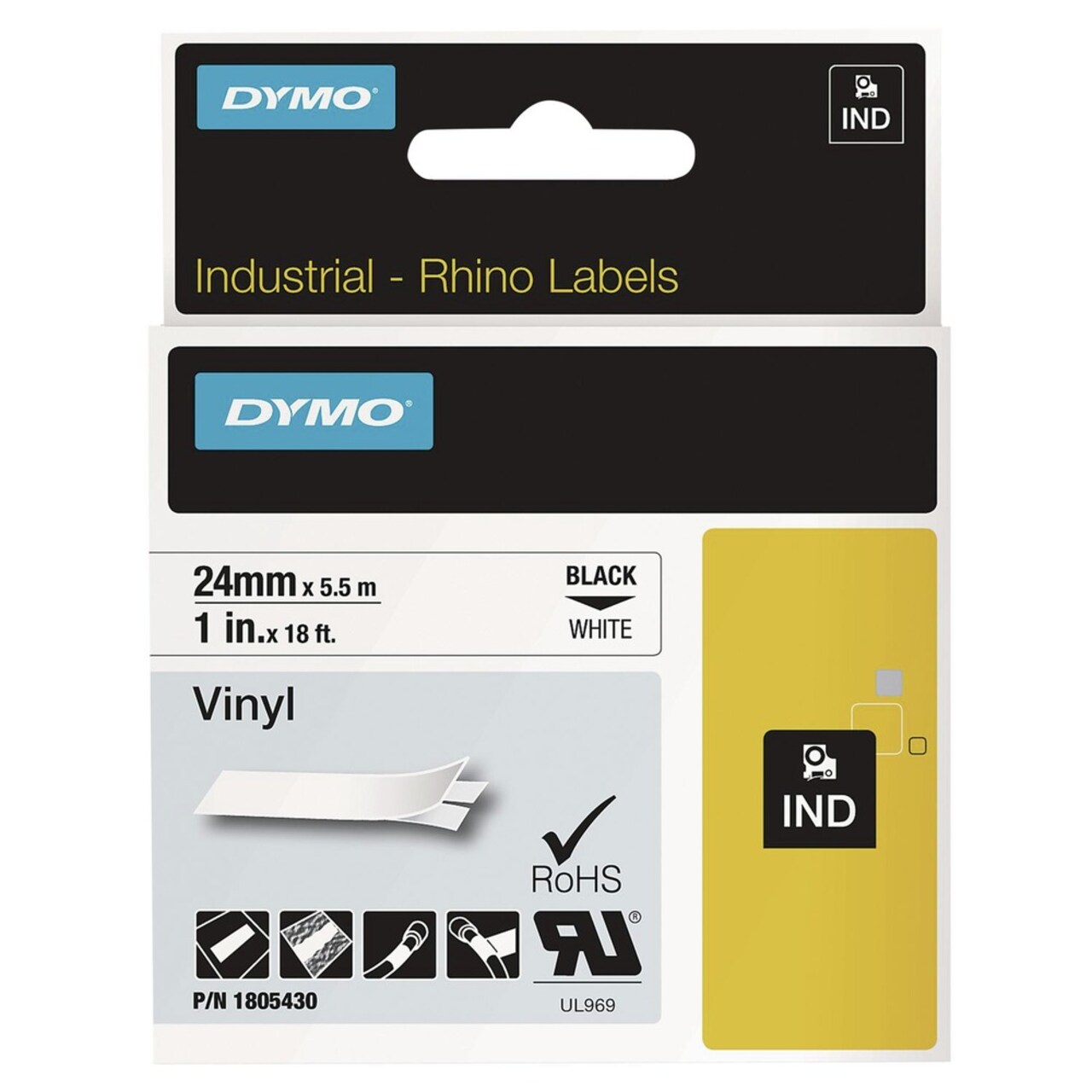 DYMO Rhino 1 in. x 18 ft. Permanent Vinyl Industrial Label Tape - White/Black Print (1-Roll)